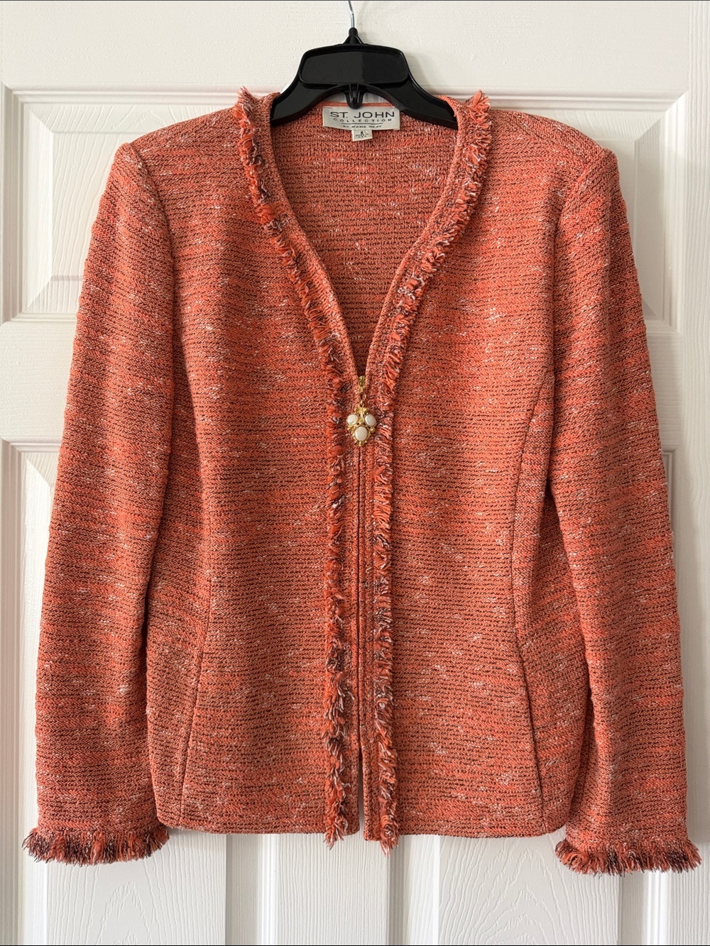 VTG St. John Collection Cruise 2004 Orange Boucle Knit Fringe Jacket Size 6